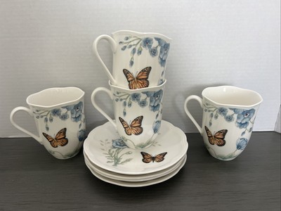 LENOX Butterfly Meadow Blue Flower Set Of 4 Coffee/TEA Cups With Saucers