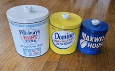 VTG J.L. Clark Metal Tin Canister Set Pillsbury, Domino, Maxwell w/lids- nesting