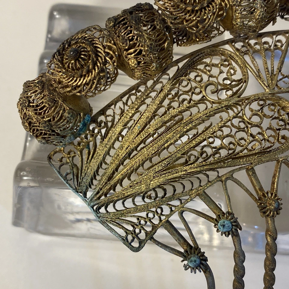 Vintage Spanish Comb Gilded Filigree Large Hair Comb W/ Openwork Balls Design - Image 4 of 4