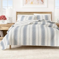 Quilt Set 3 Piece Full Queen Lightweight Reversible Farmhouse Cream Navy Great