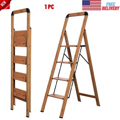 4-Step Ladders Woodgrain Finish Aluminum Folding Step Stool Wide Pedal, Anti-Sli