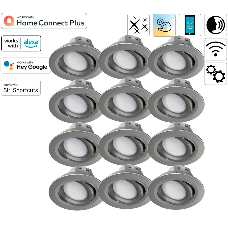 12x Hama WiFi LED Einbaustrahler 5W / 32W Nickel WLAN Einbauspot App-Steuerung