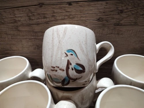 Vintage Set Of 6 Red Wing Pottery Bobwhite  Large Coffee Mugs Bird Flower 3 5/8"