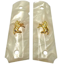 1911 Grips Full Size White Pearl 24K Gold Colt Horse Emblem  Screws Ambi Cut