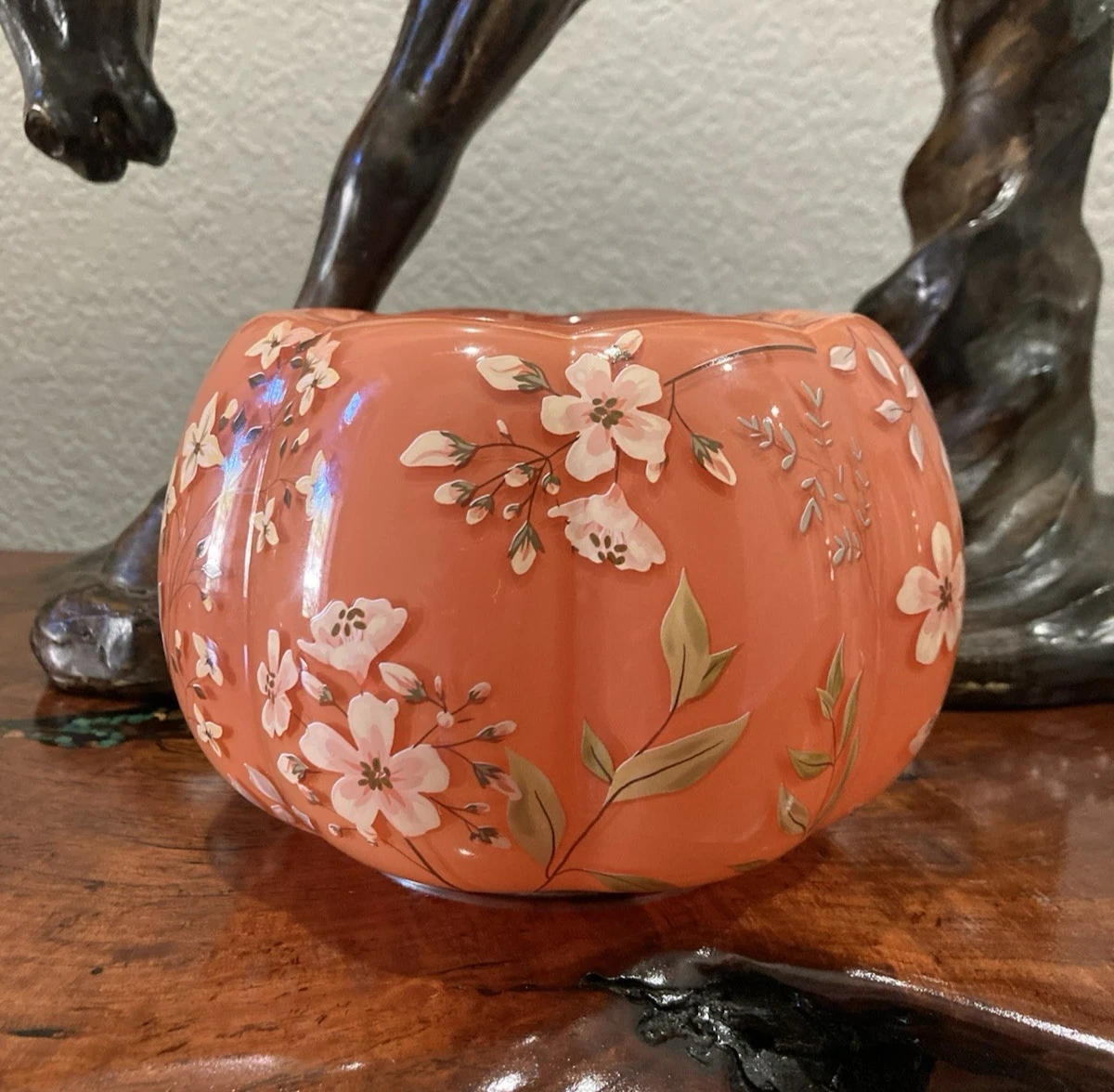 Bath and Body Works Glass Floral Pumpkin 3 Wick Candle Pedestal Holder Fall NEW