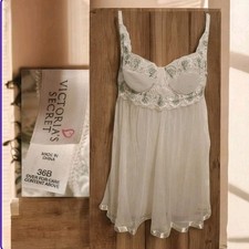 Victoria's Secret 90s Vtg Sheer Babydoll Nightie 36B White  Green Embroidery