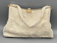 VINTAGE 1960s Champagne Beaded Flower Evening Bag w/ Mother of Pearl Details