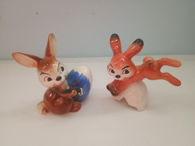 2 Goebel Easter Bunny rabbits figurines painted egg & jumping over egg shell