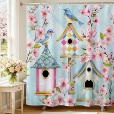 Bird Shower Curtain Flower Birdhouse Floral Bathroom Decor Blue 71x71 Inch