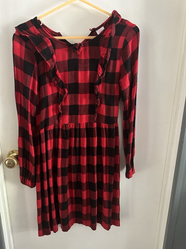 Girls Red Black Plaid Fit & Flare Knee Length Long Sleeve Round Neck Dress