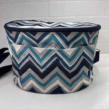 Thirty-One Round Thermal Tote Cooler Bag Chevron Blue Gray Lunch Carrier