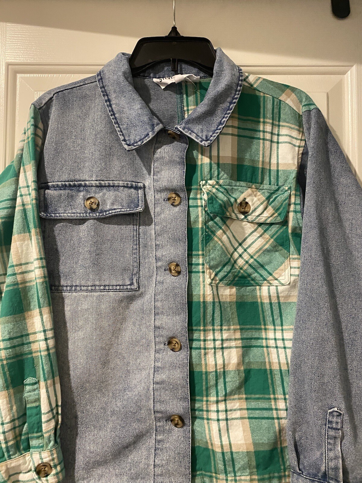 Steve Madden Button Down Denim Plaid Split Shirt … - image 3