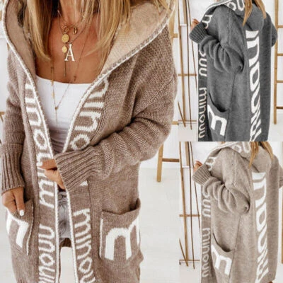 Damen/NEU Pullover Strickjacke Gestrickte Lange Cardigan Kapuzen Strickmantel - Bild 1 von 4