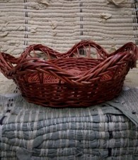 Vintage Wicker 10.5" Woven Basket Shallow Bowl Scalloped Rim Minimalist Brown