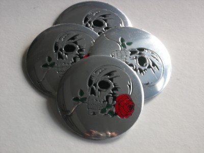 SKULL SKELETON RED ROSE WHEEL CENTER CAP EMBLEMS 4 ALUMINUM STICKERS DECAL 