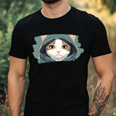 Mens Anime Cat In Hoodie Print Cotton T-Shirt Size XS to 5XL