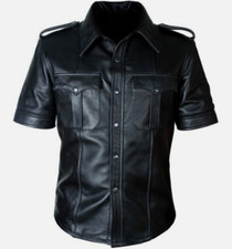 Gay New Police Uniform Mens Shirt Original Cowhide Leather Short Sleeves