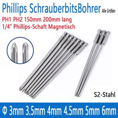 Magnetisch 1/4'' Bit Phillips 150mm / 200mm Lang PH1 PH2 Schrauberbits Bits