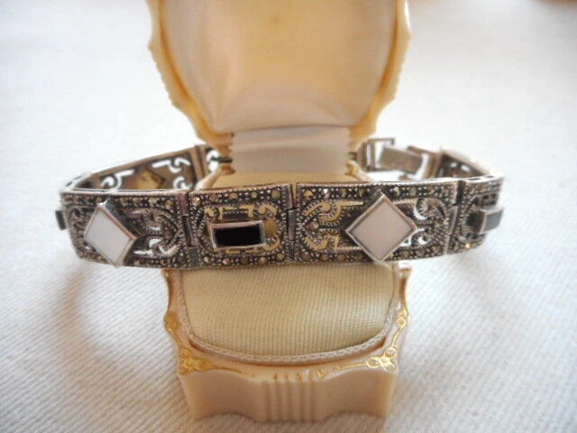 纯银 Marcasite MOP & Black Onyx Bar Link 7.25 英寸手链 RE8210 — 第 3/4 张图片