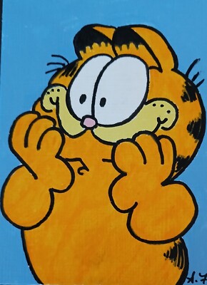 Garfield ACEO ORIGINAL ATC HAND PAINTED ACRYLIC SIGNED
