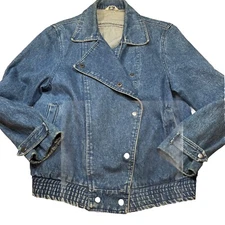 Vintage MOTO BIKER JEAN Jacket Women L Snap Up Fold Over notched Collar Pockets