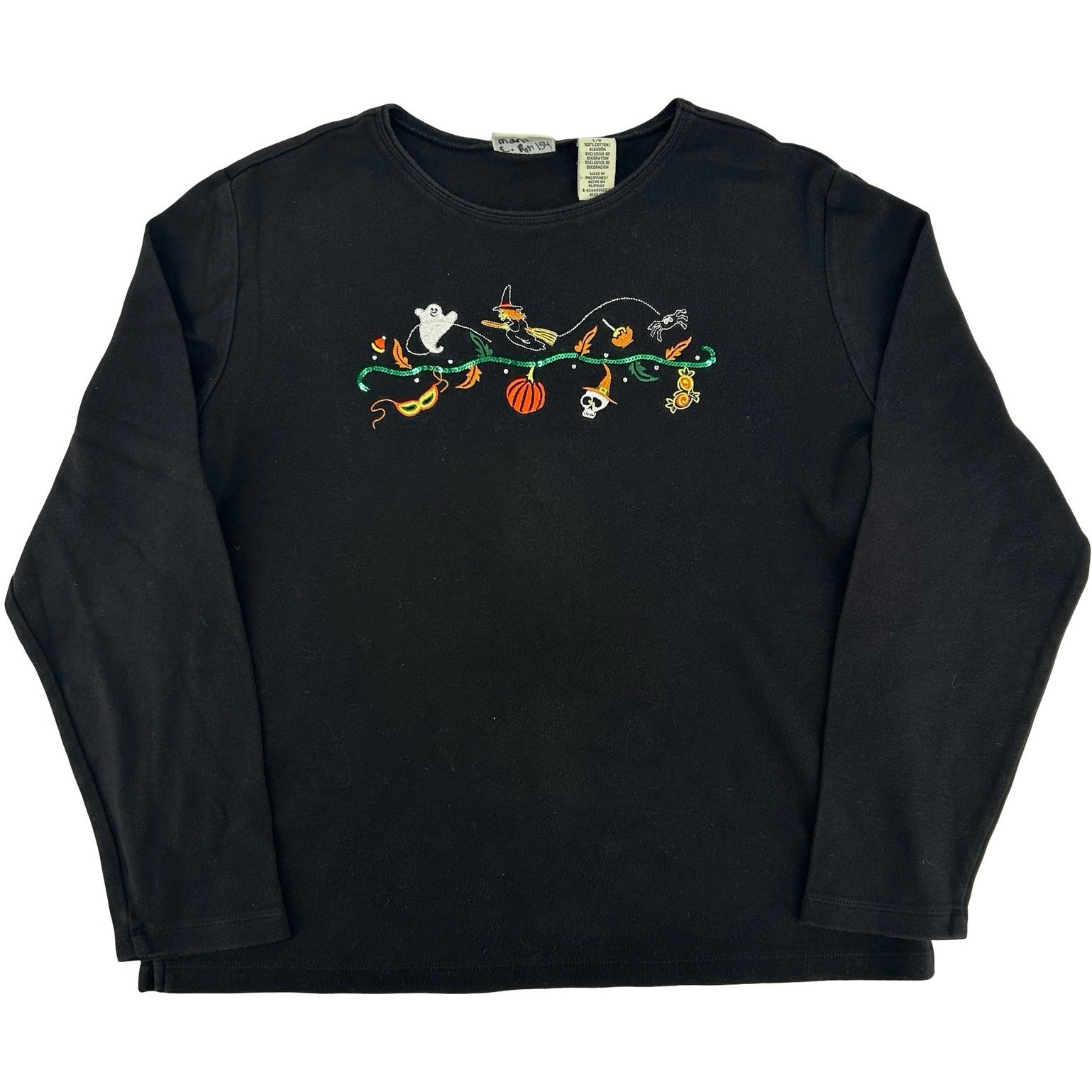 VTG 90s Women's Black Embroidered Classic Elements Halloween Long Sleeve Shirt~L