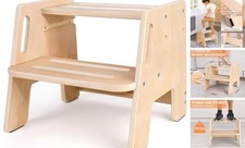 Toddler Step Stool, Wooden Height-Adjustable 2-Step 1 Original Wooden Colour