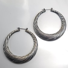 Vintage Textured Silver Hoop Earrings, Bold Large Statement Hoops for Women