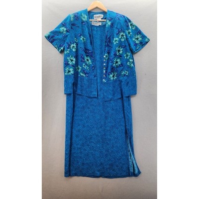 Another Thyme Vintage 90s Tropical Floral Blue Maxi Dress & Jacket Set Size 16