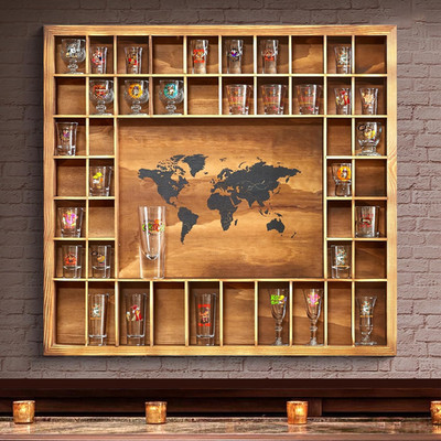 Rustic Wood Shot Glass Display Case with World Map, 46 Slots, 29x26 Inch