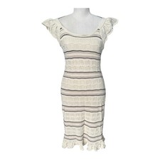 Freshman 1996 Knit Ruffle Hem Bodycon Dress Cream Striped Scoopneck S