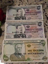 LOT OF 3 FOREIGN NOTES, 2, 50 ESCUDOS SEQUENCE, 1 MIL ESCUDOS MOZAMBIQUE,1970Unc