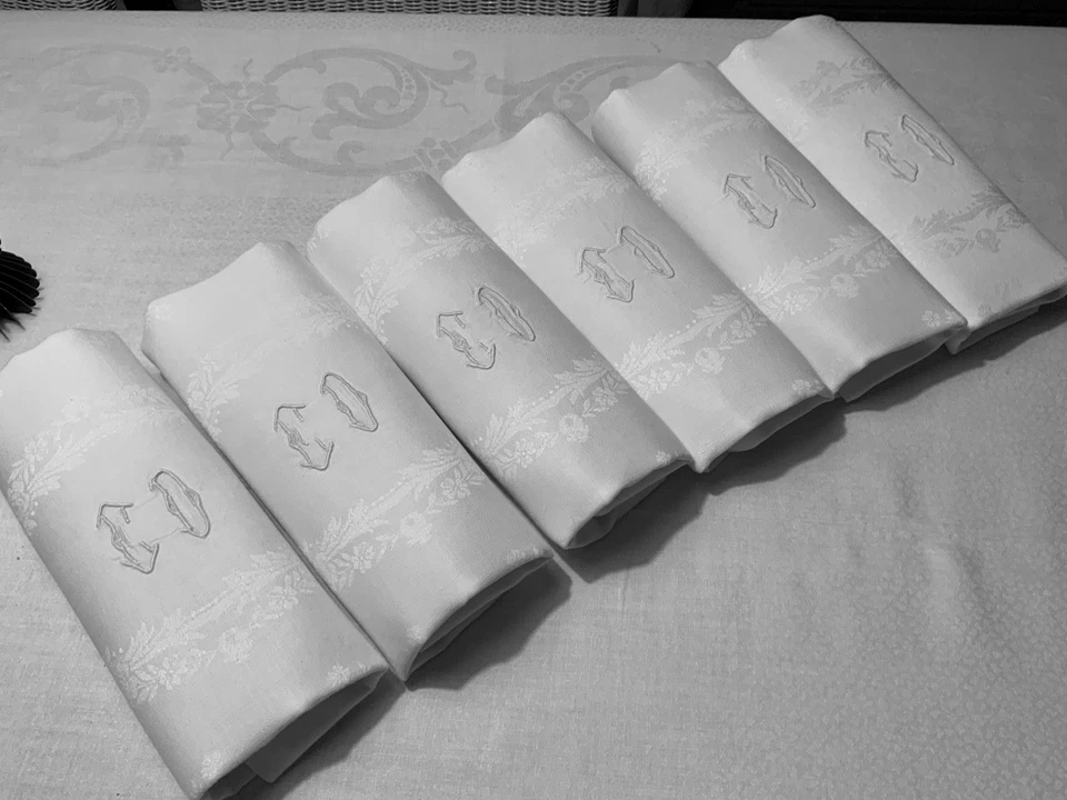 Linge Ancien 6 Serviettes De Mariage Damassé De Soie Monogramme E D 1800/1900 - Photo 4/4