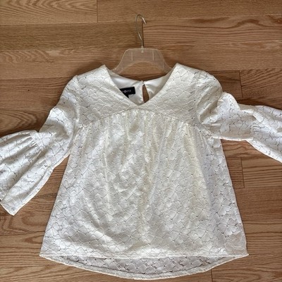Ann Taylor White Jacquard Textured V-Neck 3/4 Bell Sleeve Pullover Blouse XL