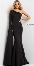 Jovani 07128 Black One-Shoulder Long Sleeve Mermaid Gown Train Size 6