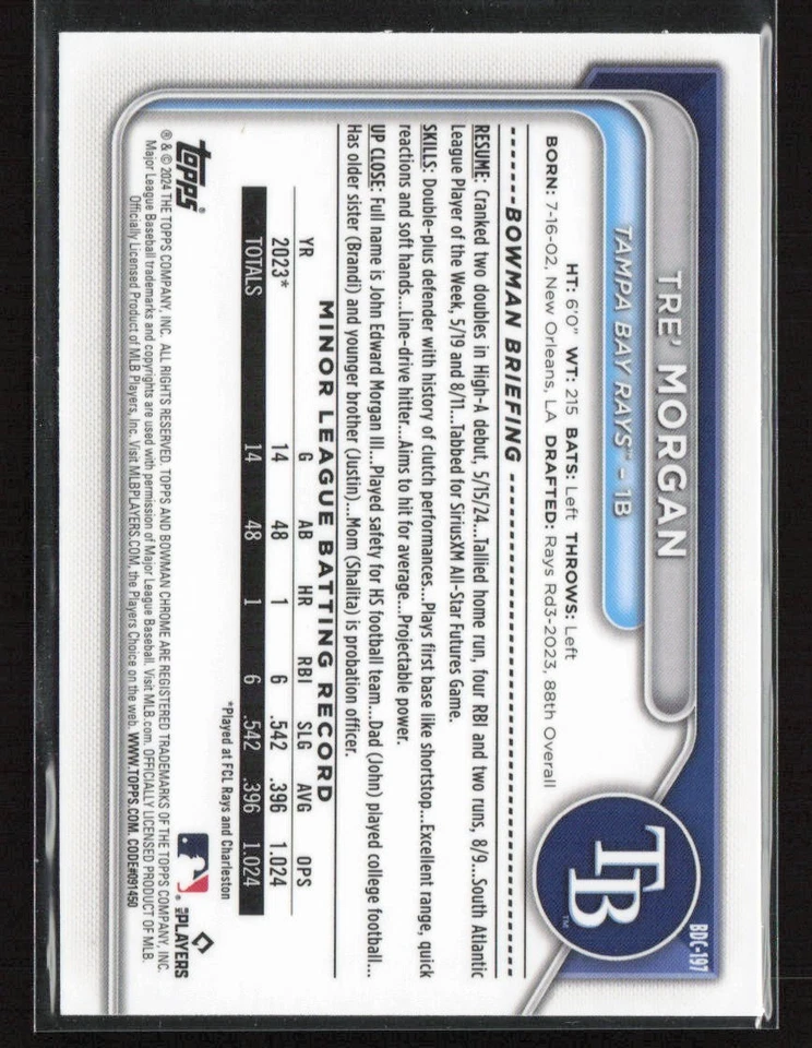 Tre' Morgan 2024 Bowman Draft Sapphire Edition #BDC-197 Tampa Bay Rays - Image 2 of 2