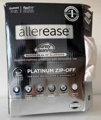 Allerease Zippered Mattress Protector,Queen,NIB,Platinum Zip-off Removable Top