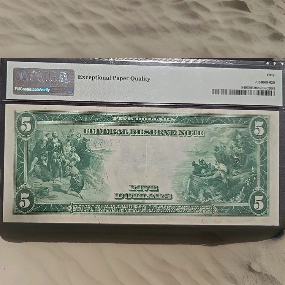 1914 $5 Federal Reserve Note – New York Fr.849 PMG 50 EPQ AU – Burke | Glass – L - Image 4 of 4