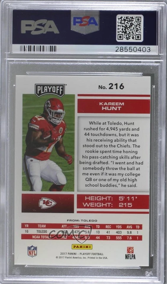 2017 Panini Playoff Rookies Kareem Hunt #216 PSA 10 GEM MT Rookie RC - Image 2 of 2