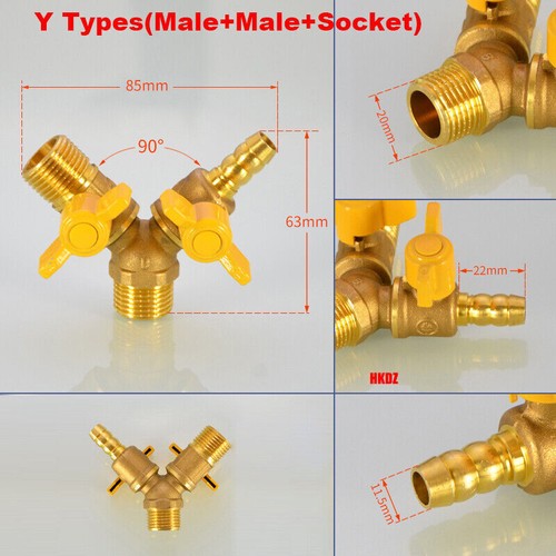 Ball Valve Barb Splitter Fuel GasUniversal 1/2" BSP 3 Way Tee Y Shut off Brass - Picture 15 of 18