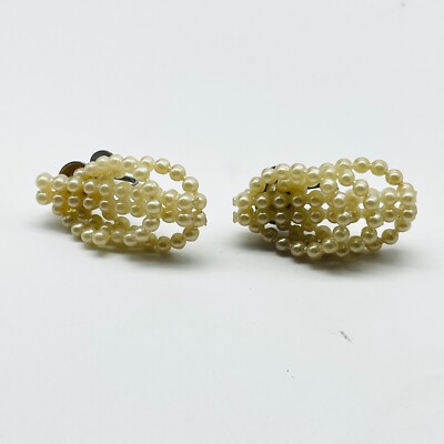White Bead Loop Earrings Silver Tone Screw Backs READ