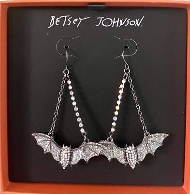 BETSEY JOHNSON BAT CRYSTAL PAVE EARRINGS HEMATITE DANGLE GLITTER HOOK NIB  $40