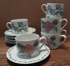 Set of 7 International Tableworks TERRACE BLOSSOMS Cups & Saucers Spring~ Summer