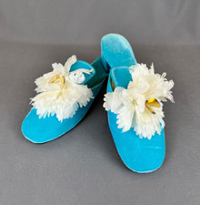 1960's Nite-Aires Aqua Blue Velvet Mule Boudoir Slippers with Flower Sz 7M