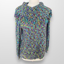 Ruby Rd Womens Size Large Sweater Top Cowl Neck Fringe Multi Color Long Sleeve