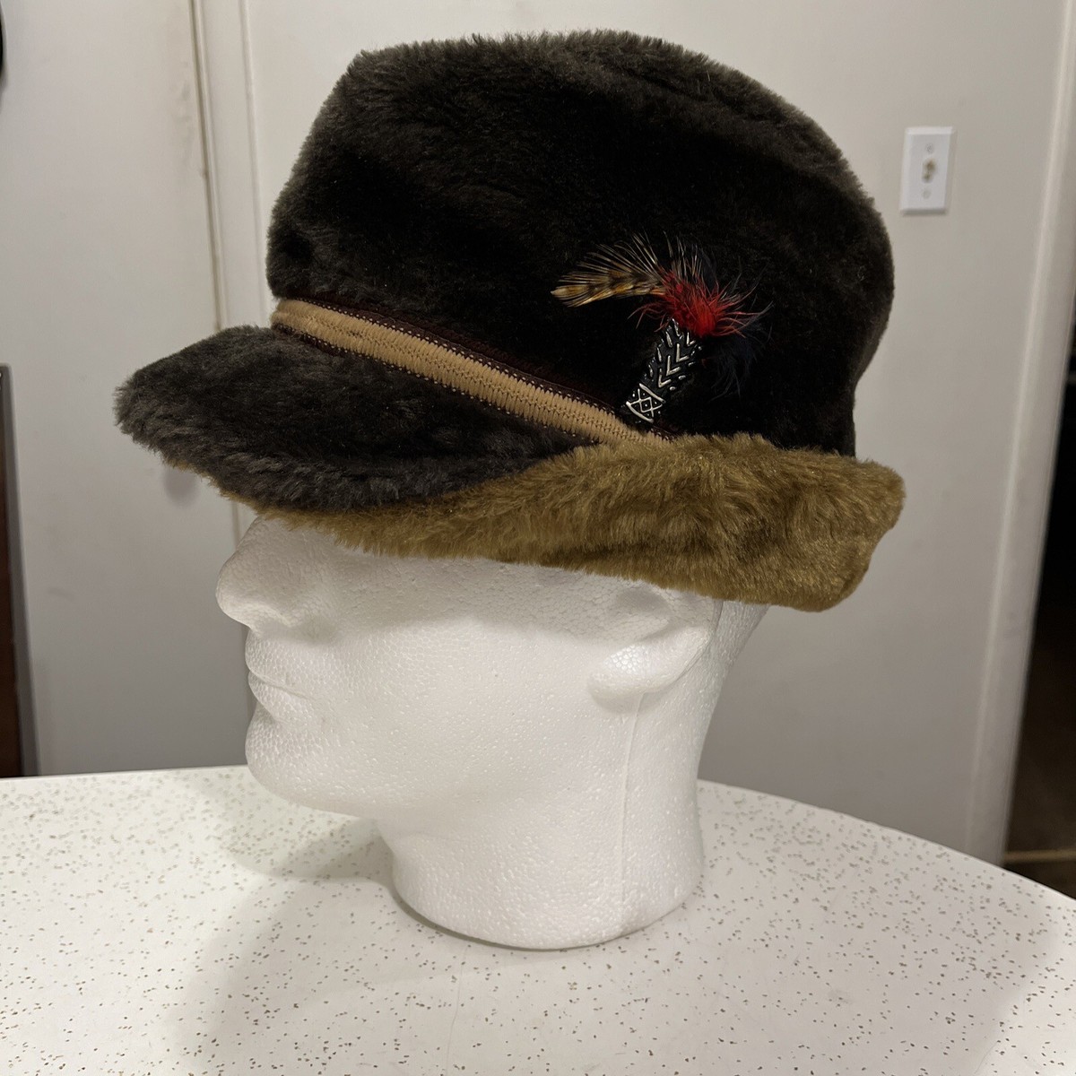 Vintage 1960s Mens Cossack Hat Faux Fur Dark Brown Feather  display picture 3
