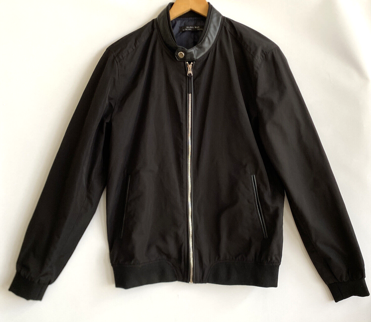 ZARA MAN Black Zip Up Bomber Jacket Faux Leather Trim ZARA MAN Black Zip Up Bomber Jacket Faux Leather Trim