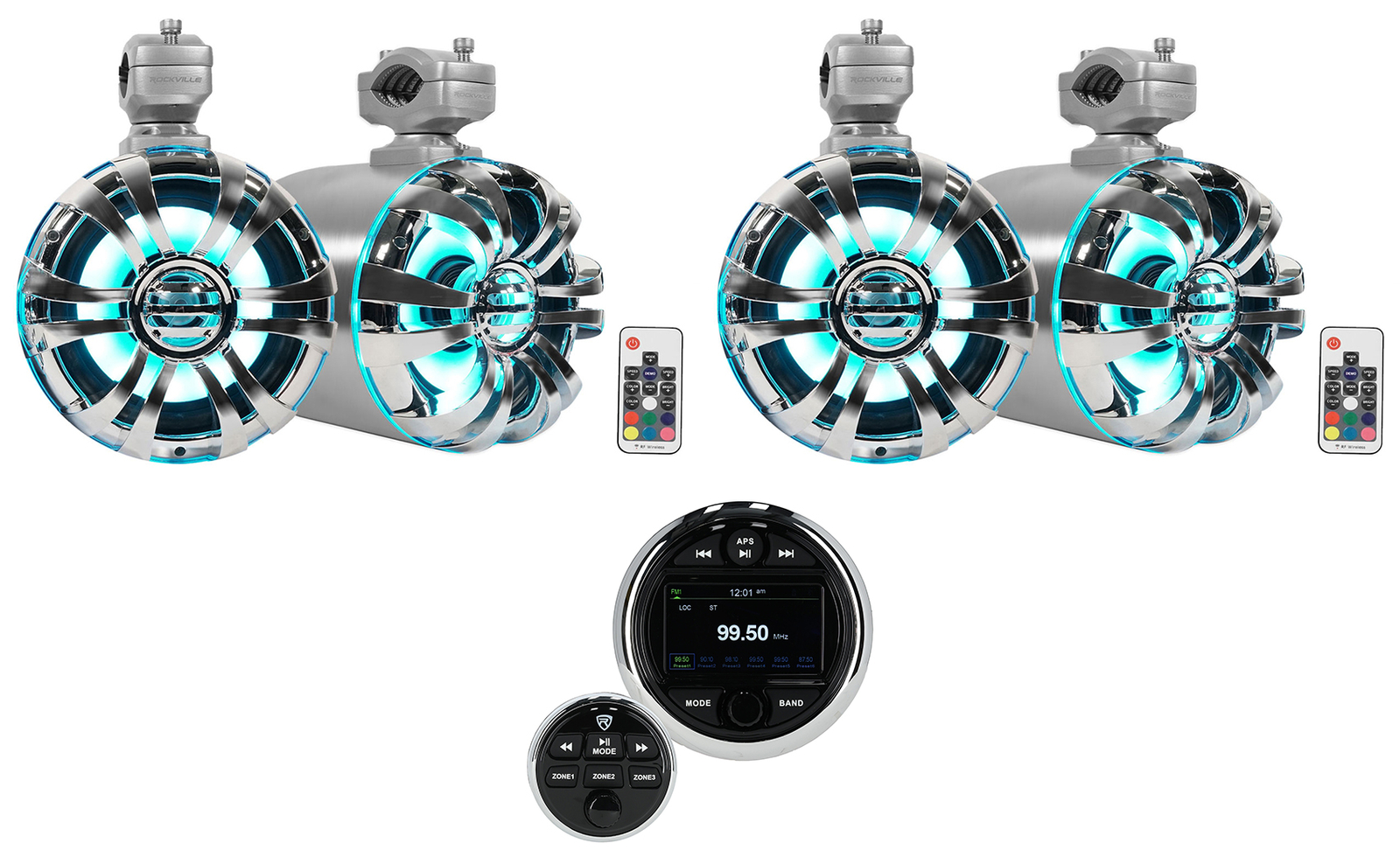 Морской приемник Rockville RGHR48A на 4 зоны с Bluetooth 4 65 светодиодными башенными динамиками 7559000₽