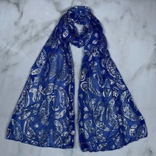 Sheer Blue Extra-Lightweight Scarf with Metallic Silver Paisley Accents