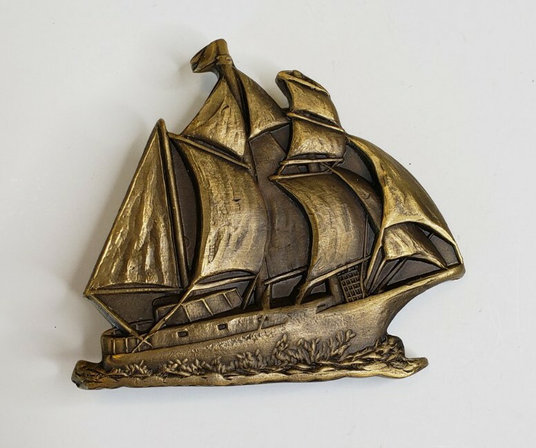 Vintage Solid Brass Belt Buckle Pirate Clipper Ship S… Gem